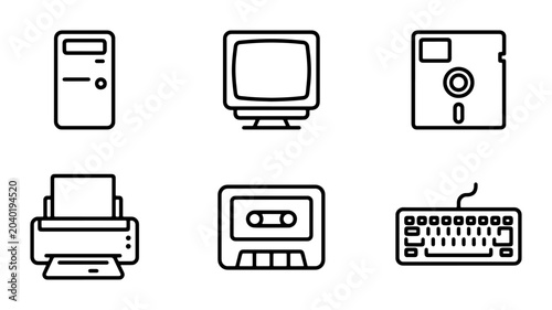 Obraz na płótnie Retro Computer Icons, Vintage Technology Set, Old PC Peripherals Vector Graphics