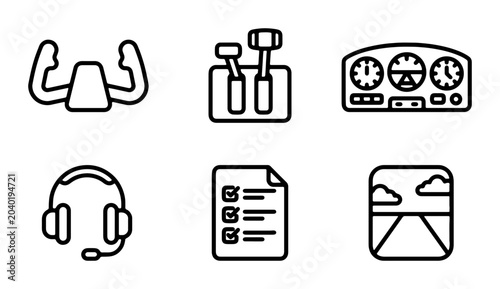 Fotografie Airplane Cockpit Icons: Yoke, Throttle, Dashboard, Headset, Checklist, Window Vi