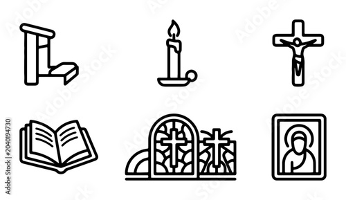 Obraz na płótnie Christianity Icons Set: Prayer Kneeler, Candle, Crucifix, Bible, Altar, Icon