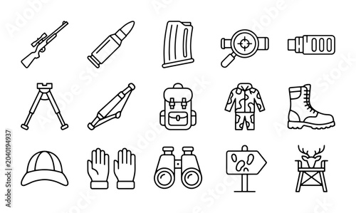 Foto Hunting Gear Icons: Rifle, Ammo, Binoculars, Camo Clothing, Boots, Backpack, Cap