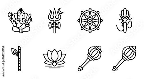 Foto Hinduism Religious Symbols Icons, Om, Ganesha, Trishul, Dharma Chakra, Lotus, Fl