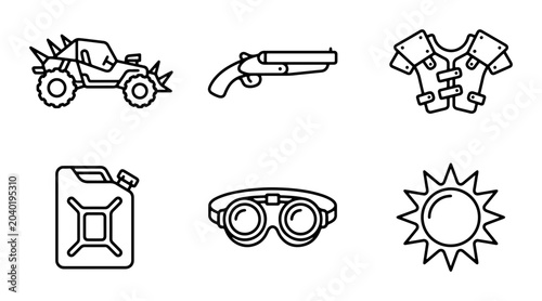 Fotografie Post-Apocalyptic Icons: Dune Buggy, Shotgun, Armor, Fuel Can, Binoculars, Sun Ve