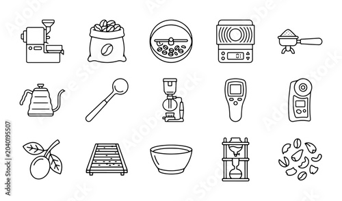 Tableau sur toile Coffee Bean Roasting Equipment Icons, Barista Tools, Cafe Supplies, Vector Graph