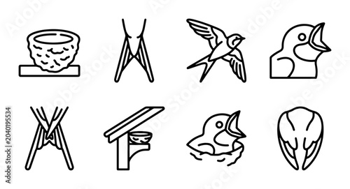 Obraz na płótnie Bird Nest Icons, Swallows, Chicks, and Nesting Elements Vector Set