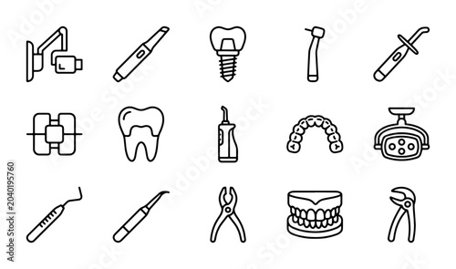 Tableau sur toile Dental Icons Set, Tooth Implant and Tools, Medical Equipment Vector Graphics, Or
