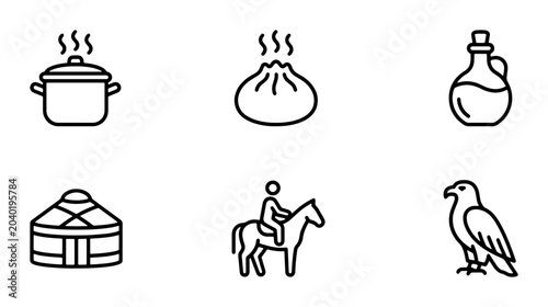 Tableau sur toile Mongolian Culture Icons Set: Yurt, Food, Horse Rider, Eagle, Cooking Pot, Oil Bo