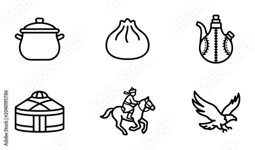 Photos Mongolian Culture Icons: Yurt, Horse Rider, Eagle, Food, Pot, Flask Set