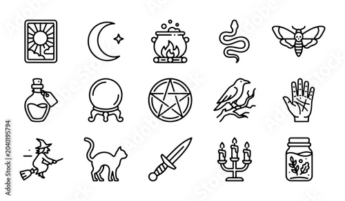Konstfotografi Mystical Witchcraft Icons Set, Esoteric Symbols Vector Collection, Pagan Magic E