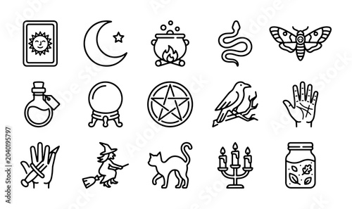 Foto Mystical Witchcraft Icons, Occult Symbols, Magic Elements, Vector Set for Spirit