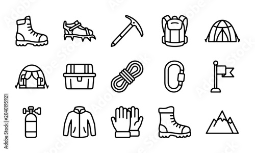 Schilderij op canvas Climbing Gear Icons Set: Mountain Adventure Equipment, Outdoor Sports Vector Gra