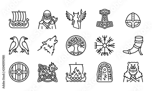 Foto Norse Viking Icons Set, Scandinavian Symbols, Ancient Mythology Vector Collectio