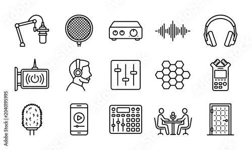 Quadro su tela Audio Recording Icons Set: Microphone, Mixer, Headphones, Sound Waves, Studio Eq