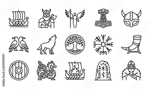 Foto Viking Icons Set, Norse Mythology Symbols Collection, Ancient Warrior Graphics,
