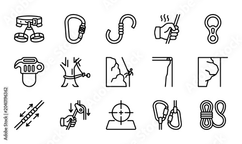 Fotografie Climbing Gear Icons, Mountain Adventure Equipment Set, Outdoor Sports Vector Col