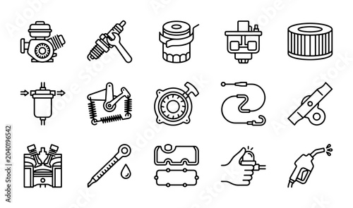 Foto Small Engine Parts Icons, Motor Components Graphics, Mechanical Elements Set