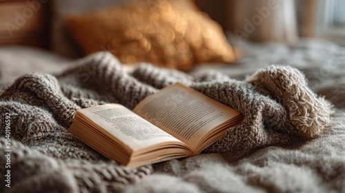 Cozy Open Book on Warm Knitted Blanket with Bokeh Lights