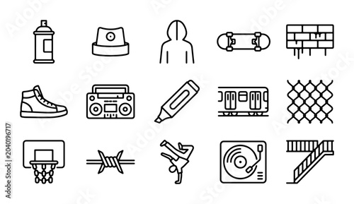 Foto Urban Graffiti Icons Set: Spray Can, Skateboard, Breakdancer, Boombox, Subway, S