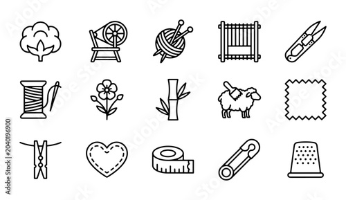 Fotografía Textile Craft Icons: Cotton, Spinning Wheel, Yarn, Loom, Sheep, Sewing, Fabric