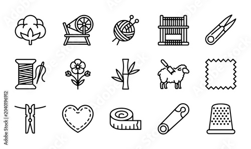 Fotografía Textile Icons Set: Cotton, Spinning Wheel, Yarn, Loom, Scissors, Thread, Sheep,