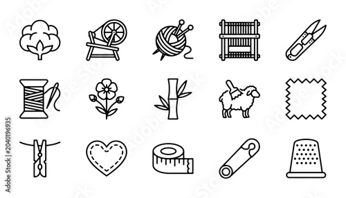 Bild auf Leinwand Textile Craft Icons: Cotton, Yarn, Loom, Sheep, Sewing, Knitting, Weaving, Fabri