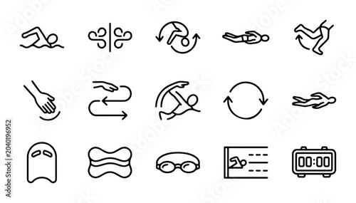 Schilderij op canvas Swimming Icons Set, Water Sports Symbols, Pool Training Equipment, Aquatic Activ