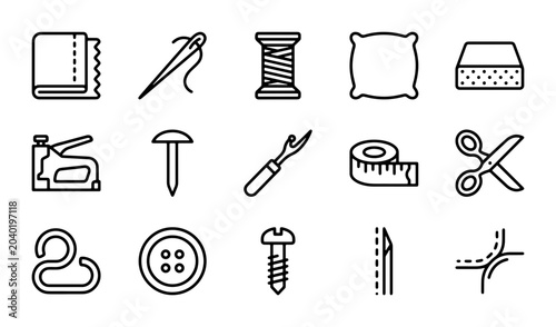 Bild auf Leinwand Sewing Icons Set: Fabric, Needle, Thread, Scissors, Tools for Crafting & Design