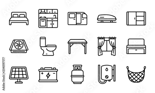 Camping and RV Icons: Caravan, Bed, Kitchen, Solar Panel, Toilet, Gas Tank, Storage