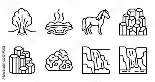Obraz na płótnie Icelandic Nature Icons: Volcano, Geyser, Horse, Basalt Columns, Waterfall Set