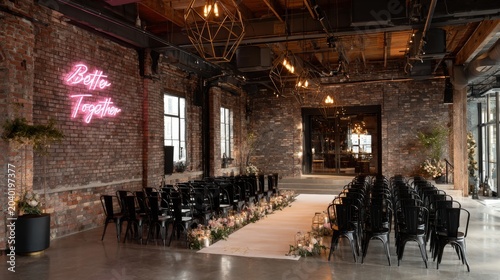 Wedding Ceremony Setup in Industrial Loft Venue