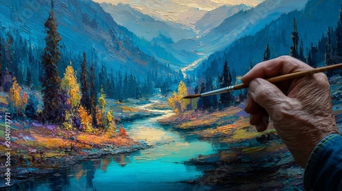 Artist's Hand Painting Majestic Mountain Landscape