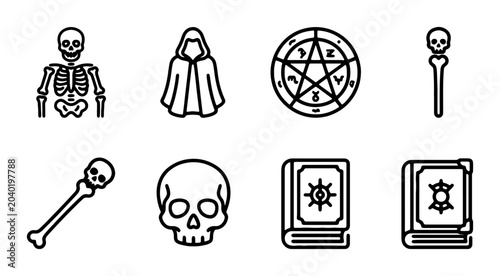 Photos Mystical Occult Icons Set: Skeleton, Hooded Cloak, Pentagram, Skull, Spell Books