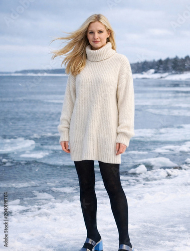 elegant young Scandinavian woman by the sea AI generated