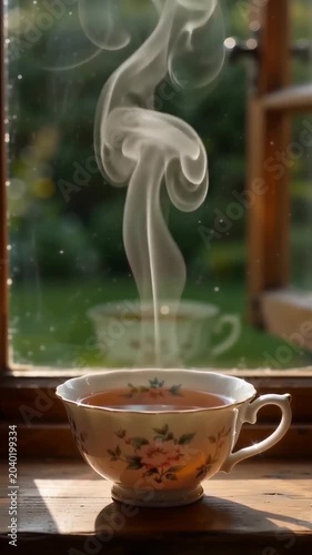 A steaming cup of tea on a windowsill with a garden view