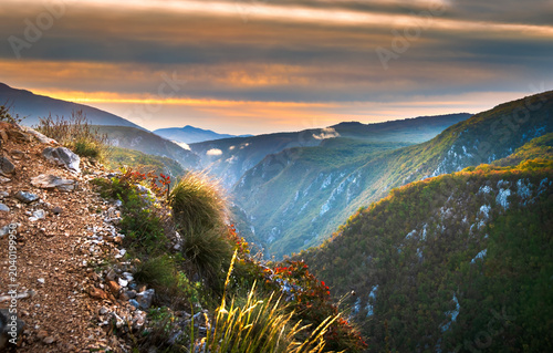 Картината върху платно Beautiful nature, autumn sunrise, mountain peaks, Unac River Canyon, near the village of Martin Brod in Bosnia and Herzegovina
