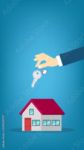 Hand holding key over the house. House buying 4k video animation