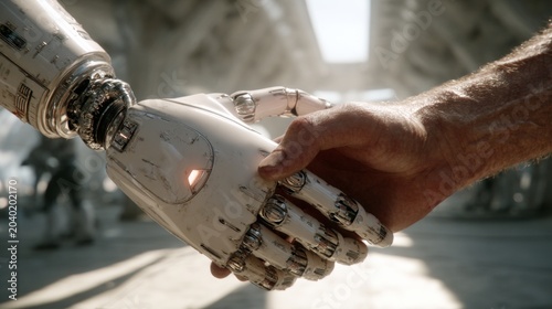 The future is now: humanity bonds with advanced ai. Feature story. An expansive vision: human and ai in a futuristic cityscape. Real moment. Newsworthy image.