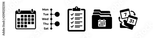 Set of black business planning and scheduling icons, featuring a calendar with checkmarks, a weekly timeline, a clipboard checklist, an organized folder, and recurring schedule symbols.