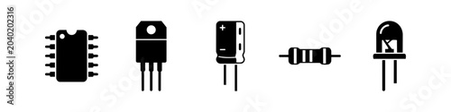 Foto Electronic component icon set featuring IC chip, transistor, capacitor, resistor, and LED silhouettes