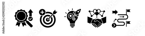 Set of five business strategy icons: quality assurance, goal targeting, innovation startup, partnership trust, and project roadmap. Minimalist black symbols for corporate values and planning.