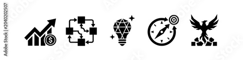 A set of five black business and growth-related icons including a financial chart, a process flow, a creative lightbulb idea, a strategic compass, and a rising phoenix bird.