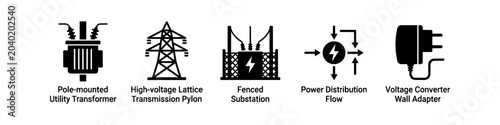 Canvastavla Flat vector icon set featuring electrical infrastructure: utility transformer, transmission pylon, substation, power distribution flow, and a voltage converter wall adapter plug