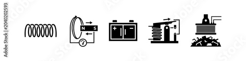 Tableau sur toile Vector icon set illustrating electromagnetism: solenoid coil, induction experiment, battery, relay switch, and industrial electromagnet lifting scrap metal for science and education