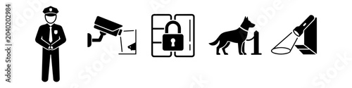 Foto Set of minimalist black security icons featuring a guard, surveillance camera, padlock, guard dog, and flashlight
