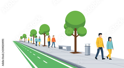 Foto People walking on city sidewalk next to park with trees and green path