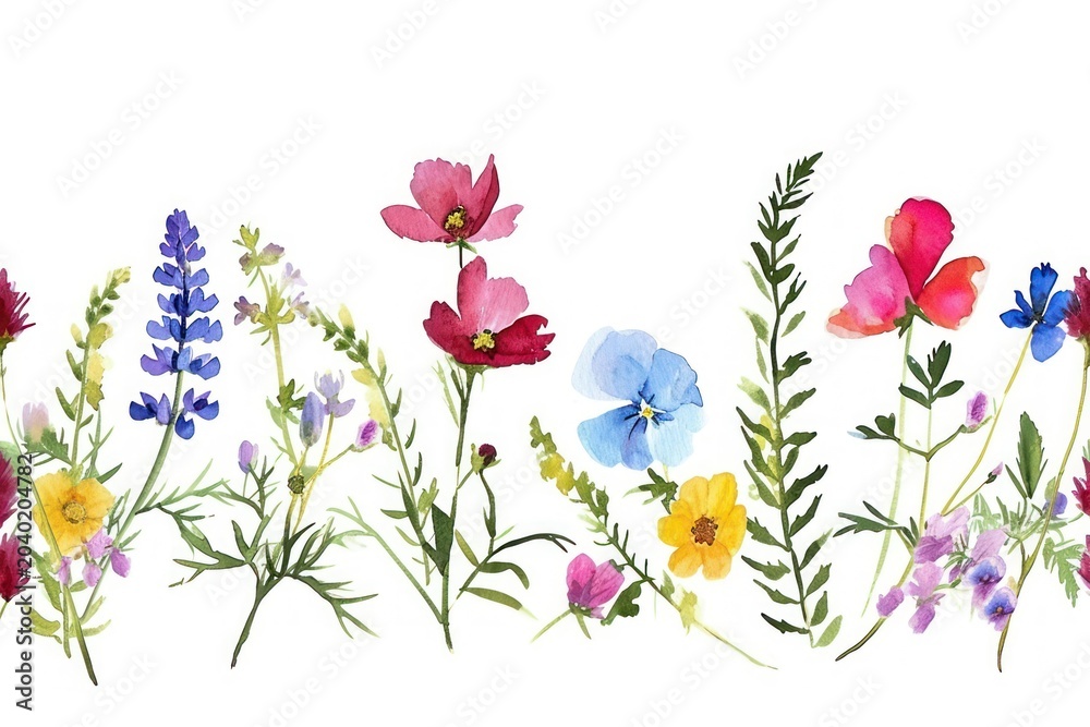 Obraz premium Wildflower watercolor border blossom pattern plant.