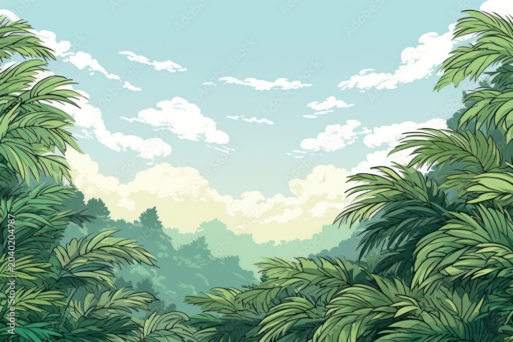 Fototapeta premium Illustration green ferns landscape backgrounds vegetation outdoors.