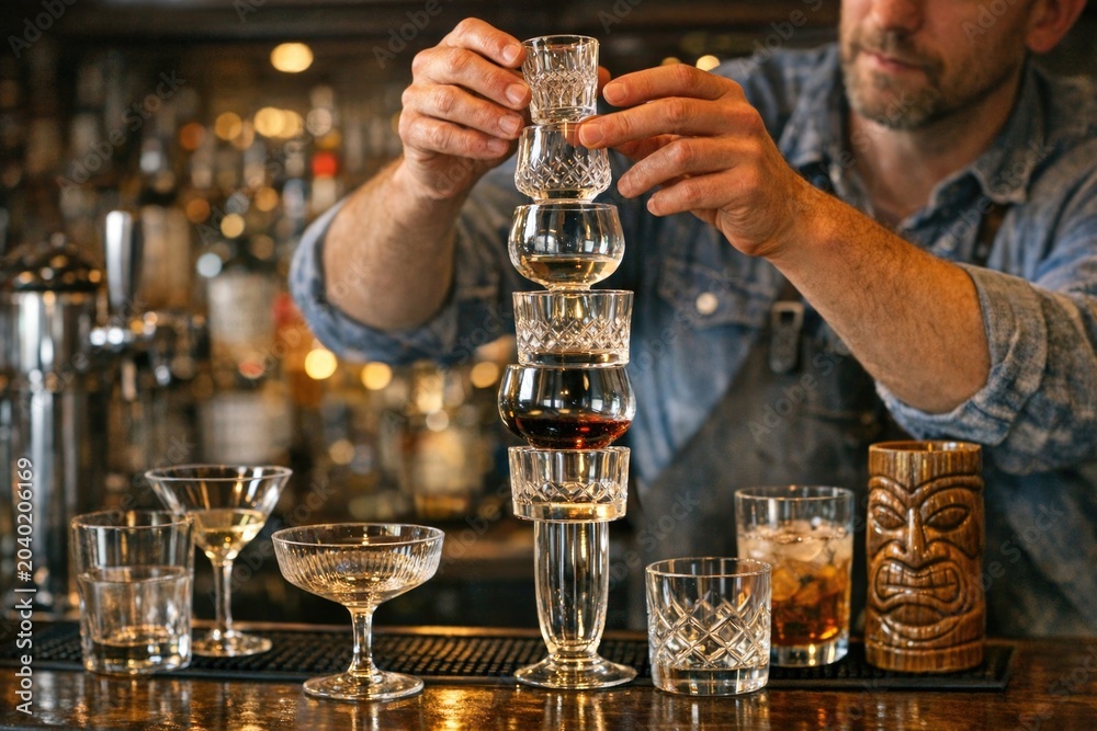 Obraz premium A person builds a tower using empty liquor glasses, creative and fun scene