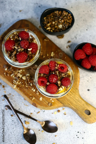 healthy dessert with yogurt and raspberries