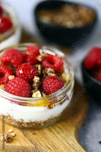 healthy dessert with yogurt and raspberries