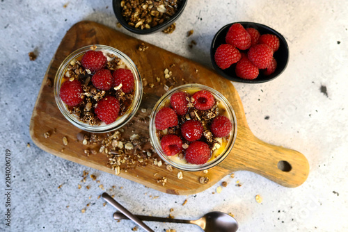 healthy dessert with yogurt and raspberries